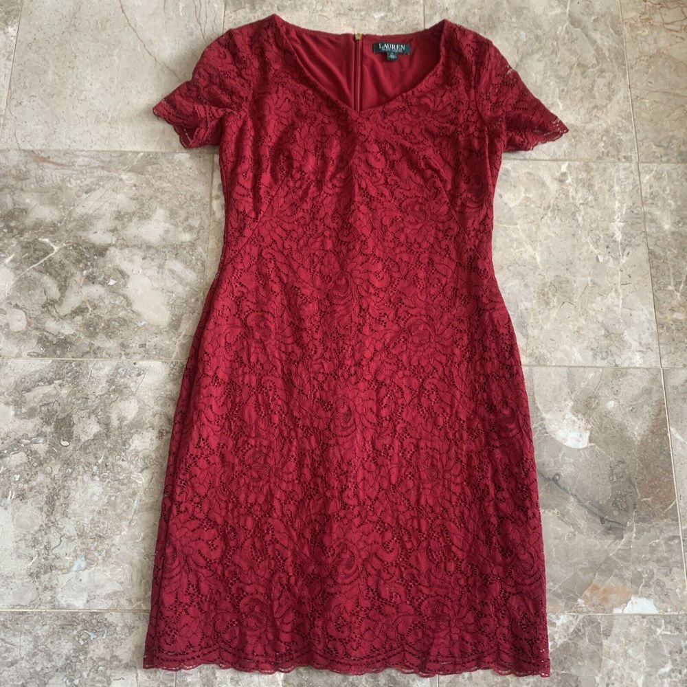 Ralph Lauren Panel Lace Gordy Short Sleeve Day Dress Vibrant Garnet Sz 4 Classic